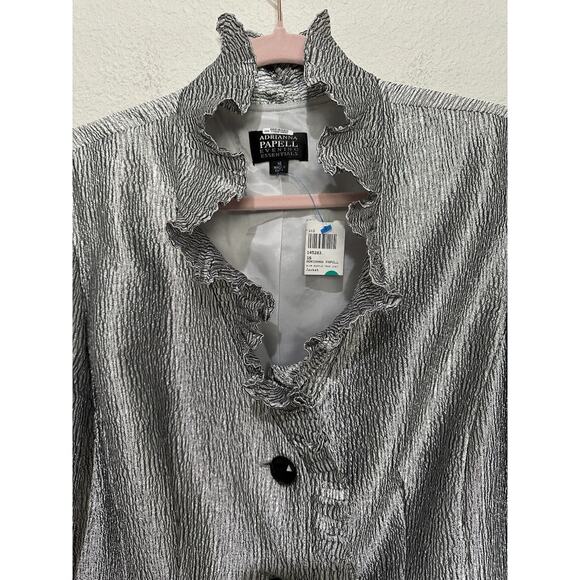 Adrianna Papell Gray Ruffle Jacket Blazer size 16 Metallic Ruffle Collar - Picture 5 of 10